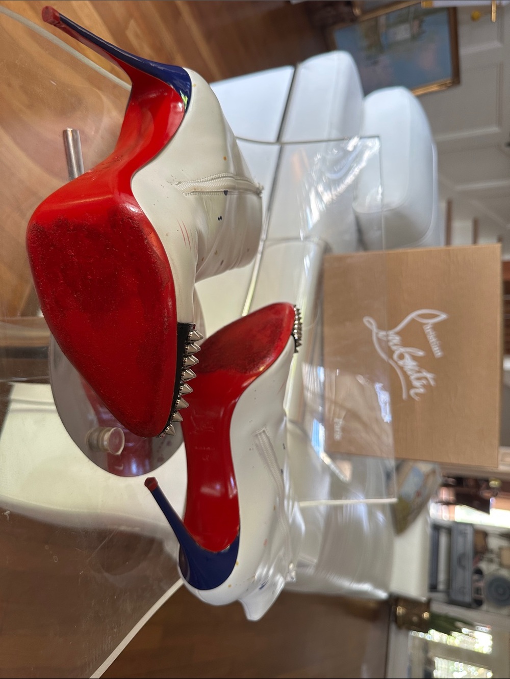 Christian Louboutin White Leather Hand-Painted Spike-Toe Ankle LOVE Boots - Picture 5 of 16